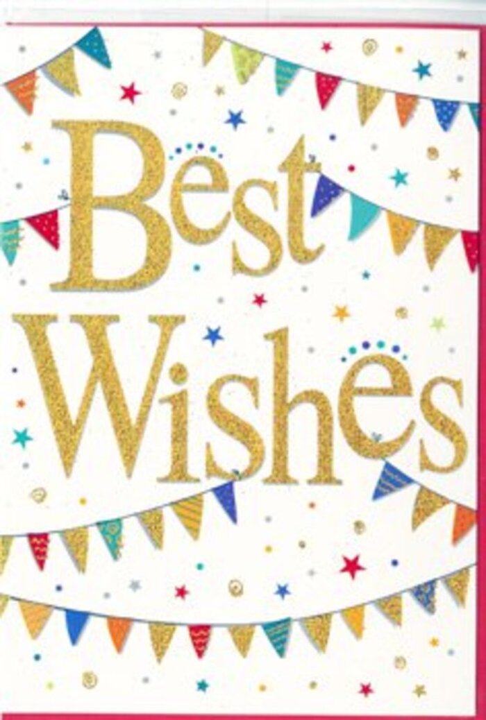 A bright, uncluttered white card is transformed into a scene of pure festivity, as though a small celebration has been captured and preserved in print. Dominating the centre, the phrase "Best Wishes" curves gracefully across the card, rendered in thick, flowing golden script that gleams with a foil-like shine. The letters appear delicately embossed, catching the light in a way that makes them look almost three-dimensional, like raised brushstrokes painted with liquid gold. Around this central message, strings of bunting ripple in soft arcs, stretching from edge to edge like decorations strung across a cosy garden in Penge on a summer evening. Each tiny triangular flag is a sliver of vibrant colour-brilliant crimson, cobalt blue, lively emerald, and sunny yellow-with many bearing playful patterns: tiny polka dots, narrow stripes, or small mosaic-like designs that give the impression of careful, handcrafted detail. Dotted between the garlands are petite stars and round confetti marks in matching tones, sprinkled randomly yet purposefully to create the sense of movement you get when confetti hangs mid-air after being tossed in joy. The background remains a pure, clean white, allowing the colours and metallic lettering to pop without feeling overwhelming. The mood is jubilant yet composed, perfect for sending congratulations that feel both heartfelt and stylish, whether for a graduation, engagement, or a new venture somewhere between Penge and nearby Sydenham. The design suggests the thoughtful touch of a local florist who knows how to balance exuberance with refinement, the kind of card you might choose to accompany a vibrant bouquet so the message of good fortune and encouragement is as memorable as the flowers themselves.