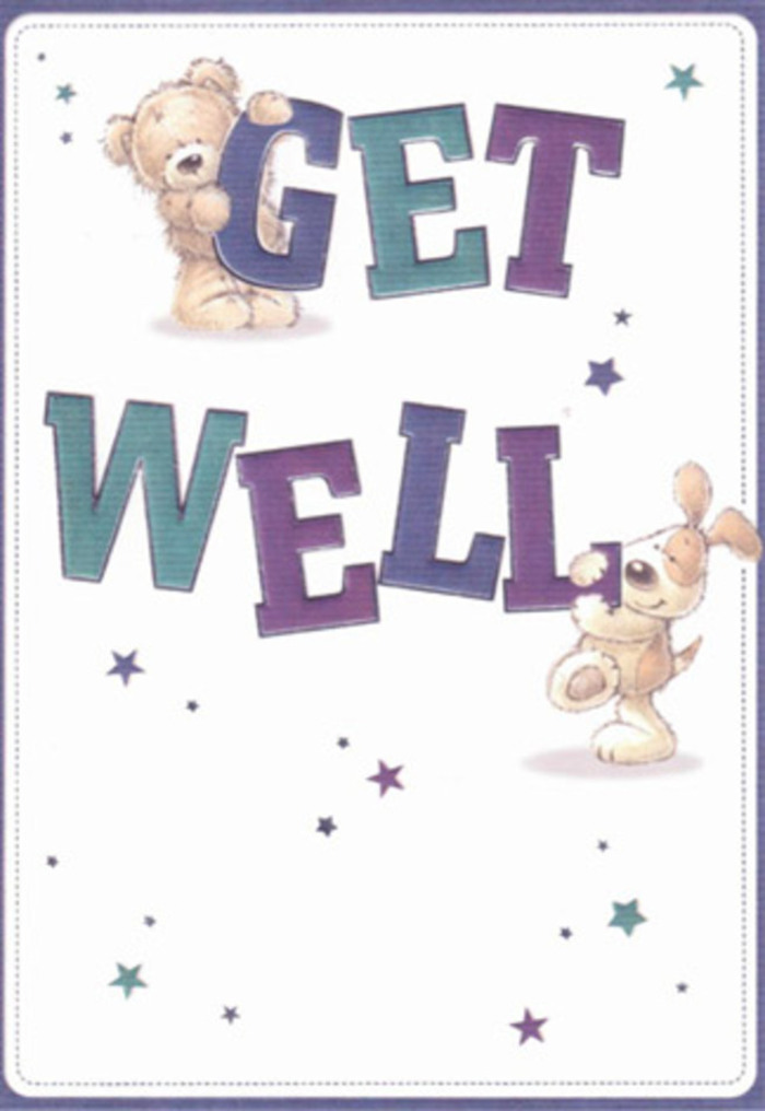 A heart-warming get well card illustration features two storybook-style friends-a teddy bear and a puppy-working together to hold up a bright, encouraging message, as if they were delivering a little bundle of cheer straight to a hospital room off Penge High Street. The design centres on large, blocky letters spelling "GET WELL," rendered in deep purples, indigos, and teal greens, with blended shading that makes each letter look softly sculpted and touchable. The word "GET" sits at the top, functioning almost like a platform for a round, cuddly bear with soft golden-brown fur. He hugs the top edge with both paws, his friendly face tilted forward, eyes warm and slightly twinkling, as though he is personally checking in on the person who is unwell. Below, a floppy-eared puppy leans against the word "WELL," its body curving gently along the letters. The puppy's fur is illustrated with subtle strokes that suggest soft, velvety texture, and its expression radiates loyal concern and lively optimism. Surrounding this central duo, a scattering of starbursts and small star icons float freely across a pale cream-white background. They appear in varying shades of blue, aqua, and purple, like tiny sparks of magic drifting in the air, echoing the hopeful words. The clean, open space around the characters creates a sense of calm and lightness, reminiscent of a freshly tidied room made welcoming with a simple vase of seasonal blooms. Though no actual flowers are present, the layering of colours, rounded forms, and joyful details feels like the illustrated equivalent of a thoughtfully curated get well bouquet: comforting, playful, and full of quiet reassurance that recovery is on the horizon.