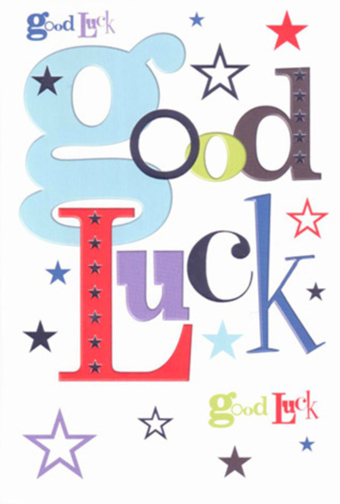 In this photograph, a vibrant good luck card lies neatly on a light, neutral surface, captured in clear, overhead lighting that reveals every playful detail. The design centres on the words "Good Luck," written in oversized, mixed-style letters that sweep across the width of the card. The first letter is an expansive, pastel-blue "g," round and friendly, setting a gentle, upbeat tone. Next to it, the remaining letters alternate between bold red, moss green, deep violet and dark navy, each character drawn in a slightly different font, some with wide, confident strokes, others slender and tall, like an eclectic line-up of personalities cheering in unison. Surrounding the phrase, clusters of tiny five-pointed stars are sprinkled generously over the white background. These stars shimmer visually in a spectrum of cool blues, lilac, muted lime and soft grey, varying in size and intensity-some sharp and bright, others faint and wispy-creating the impression of confetti drifting through the air or constellations over Crystal Palace Park on a clear evening. The white card itself appears thick and smooth, with just the faintest hint of soft shadow along one edge, suggesting sturdy, premium cardstock that would feel pleasantly crisp between your fingers. This is the sort of card a local Penge florist might gently tuck into a bouquet of seasonal blooms, ready for hand delivery around Maple Road or down towards Beckenham, to wish someone luck with an exam, a new flat or a big move abroad. The whole composition feels celebratory yet calm, a visual pep talk that offers quiet confidence and heartfelt support, perfect for those tender moments when you want to say, "I believe in you," without overwhelming the recipient.