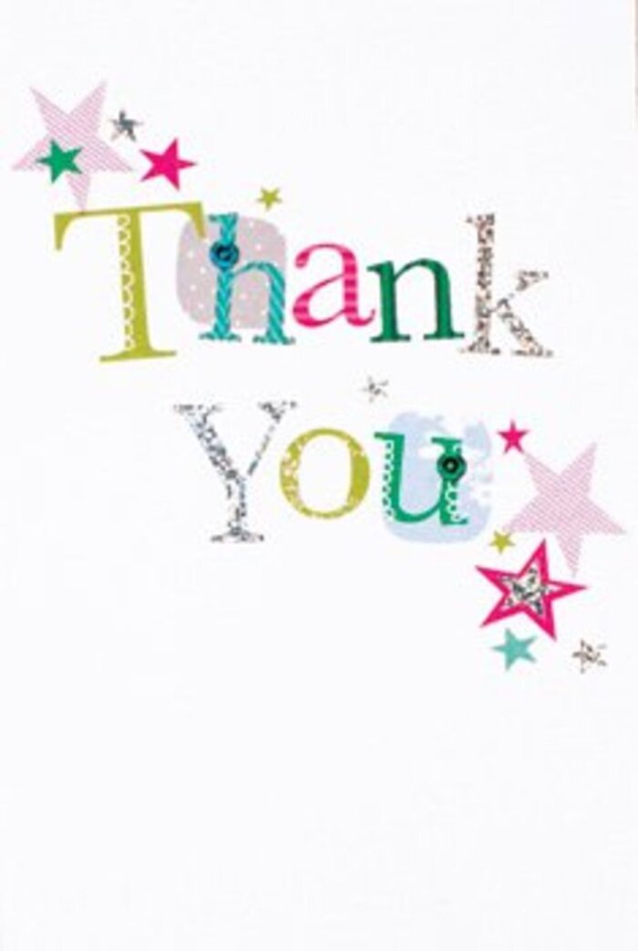 There's a quietly exuberant charm woven through this thank you card, the sort of gentle joy you might experience walking past gardens near Penge East on a bright morning. Each letter of 'Thank You' brings its own unique flair: some swirl gracefully, others are perked up with whimsical spots or elegant curves, every one a little note of gratitude. Clusters of stars-some glinting with pink stripes, others washed in deep turquoise or subtle silver-hover around the text, like blessings sprinkled on a sunny terrace along Thesiger Road. The card's composition feels modern and airy, its bright white backdrop lending a sophisticated calm that lets every star and flourish shine. The blend of festivity and restraint recalls the timeless bouquets we arrange for special occasions across Penge-striking the balance between celebration and universal warmth. Whether nestled among fragrant blooms for a heartfelt thank you or sent on its own as a thoughtful gesture, this card channels the spirit of the community: inclusive, gracious, and always ready with a smile. The artistry in its textures, patterns, and palette reflects the attention to detail we pride ourselves on at Florist Penge, transforming simple thanks into a lasting, memorable sentiment.