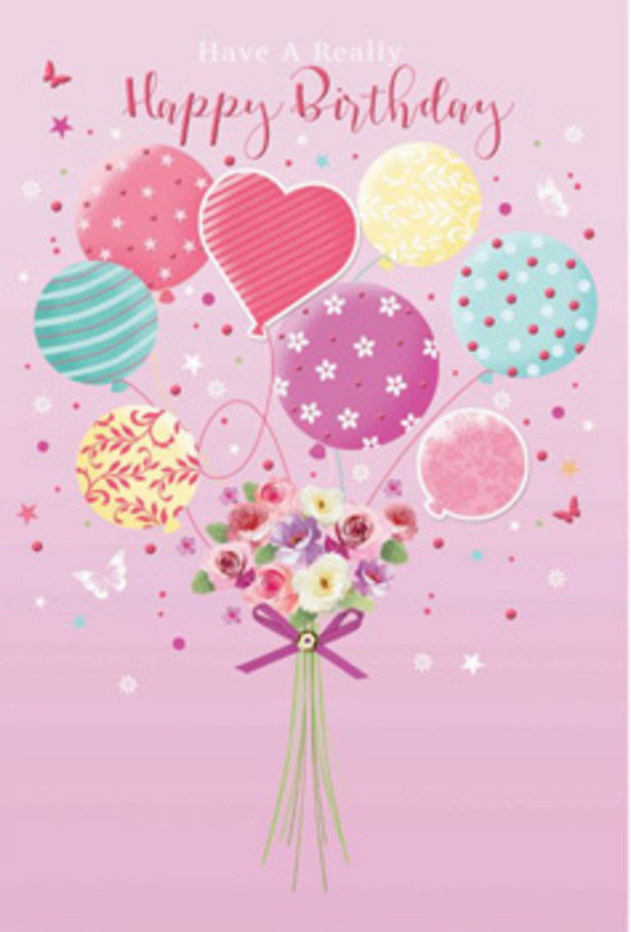 A softly whimsical birthday scene unfolds as a bouquet of balloons and flowers floats upwards, as if caught in a gentle breeze drifting across Penge's tree-lined roads. The background is a smooth wash of pale pink, like a delicate watercolour sky just above the rooftops. From the lower edge rises a gathering of balloons in pastel shades of sunshine yellow, rosy fuchsia, lavender, sea green, and blush, their surfaces glossy and luminous. Each balloon tells its own story through pattern: winding stripes that curl like ribbons you might see tied to birthday parcels, scattered dots that dance in loose clusters, and romantic floral motifs that echo the blooms in the bouquet below. At the base, a hand-tied arrangement of petite roses and daisy-like flowers forms the heart of the illustration. Their petals are rendered with care, velvety and layered, shifting from cream at the edges to warm rose tones at the centres, as though touched by soft morning light filtering through a nearby park in Penge. A sleek purple bow, rich and satiny, secures the stems with a flourish that suggests an experienced florist's finishing touch. Around the flowers and balloons, tiny butterflies flutter and minuscule stars shimmer, adding a breath of magic, like a moment of stillness before a birthday candle is blown out. The composition balances playfulness with elegance, evoking the feeling of a thoughtful birthday card or bouquet being delivered to a loved one in Penge, turning an everyday room into a little pocket of celebration and cherished affection.