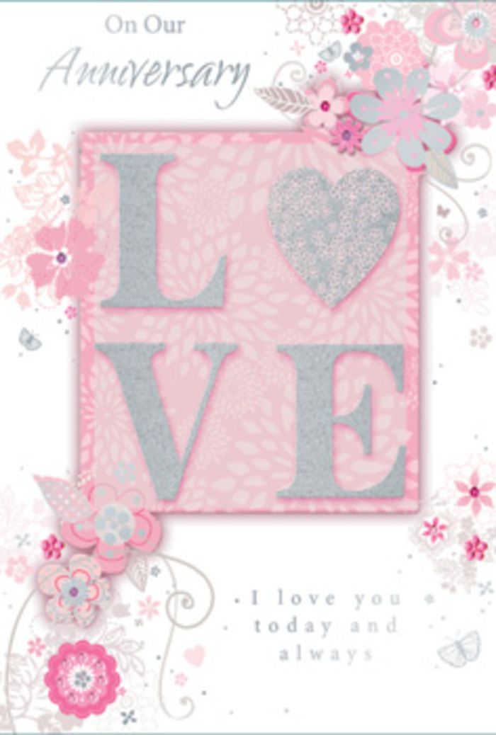 The anniversary card depicted in this image has the atmosphere of a sunlit sitting room in Penge, where love is celebrated in small daily gestures rather than grand displays. At its heart, the word "LOVE" is printed in tall, confident letters accented with frosted glitter, rising gently above the surface of the card. The shimmer catches the light in a way that suggests movement, like the faint sparkle you see on petals after rain in Cator Park. Around this central word, wispy, hand-drawn blooms drift along the borders and into the corners, their petals painted in a soft harmony of blush pink, lilac, and creamy ivory. Fine filigree lines weave between the flowers, with tiny leaves and almost-hidden butterflies appearing if you let your eyes linger, as if discovering secret details in a carefully arranged bouquet from a trusted local florist. The background rests in a muted pink, gentle and even, providing a calm canvas for the floral artwork. Here and there, silver highlights and subtle glints of glitter add dimension without overwhelming the card's peaceful tone. In the lower section, a tender message, including the words "I love you today and always," is printed in a graceful yet understated typeface that feels personal, almost handwritten. The spacing is generous, allowing the sentiment to breathe, much like a well-designed floral arrangement displayed in a Penge home. The mood is one of gratitude, continuity, and quiet joy, perfectly suited to accompany a pastel-toned anniversary bouquet delivered locally. The card feels less like a simple greeting and more like a hand-tied paper bouquet, rich with memory and soft emotion.