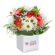 Brimming with the spirit of Penge, this beautiful white gift bag holds a bouquet that feels like a fresh spring morning on Royston Field. Coral and warm red carnations offer cheerful colour with every ruffled, velvety petal, while pure white daisies with sparkling golden-green centers bring light and happiness to the scene. Delicate baby's breath threads through the arrangement, creating moments of gentle softness-a reminder of peaceful days spent outdoors. Glossy, deep green leaves wrap the ensemble in a natural embrace, providing both backdrop and stability. Unopened, purple-tinged buds add a sense of promise and curiosity, as if the bouquet still holds secrets yet to unfold. Each flower is expertly placed, forming a full, rounded display that signals freshness and genuine care from the local florist community. The gift bag's ribbon handles are sturdy for easy carrying through Penge's neighbourhoods, ready for same-day delivery as a birthday surprise, an anniversary token, or a heartfelt thank-you. This arrangement embodies joyful giving and the simple pleasures that local florists bring to every corner of SE20.