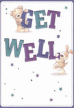A whimsical get well card illustration shows a cuddly teddy bear and a floppy-eared puppy joining forces to send a cheerful recovery message, much like a comforting bouquet arriving on a grey Penge afternoon. The bear, soft and round with golden-brown fur and a gentle smile, leans playfully over the bold word "GET," his paws clasped around the top of the letters as if he has just climbed up there. Below, the puppy balances against the chunky word "WELL," its velvety ears flopping to one side, tail lifted in friendly enthusiasm. The lettering is large and confident, shaded in deep indigo, teal, and touches of purple, with subtle 3D shadows that make the words appear to jump from the page. Around them, star shapes and tiny bursts scatter across a creamy white background in blues, purples, and aqua tones, echoing the feeling of little sparks of hope and encouragement drifting through the air. The whole design feels light, clean, and reassuring, like fresh air after rain in nearby Crystal Palace Park. You can almost imagine this card propped beside a vase of soft, pastel flowers on a bedside table, the colours and characters working together to lift someone's spirits. The textures of the fur are carefully illustrated, suggesting fluff you could practically stroke for comfort, especially when someone isn't feeling their best. Though there are no actual flowers shown, the mood is very much like a thoughtfully arranged get well bouquet delivered across Penge: bright yet gentle, playful yet sincere, quietly promising that better days are on their way.