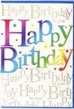 In this image, the birthday card front bursts with colour and optimism, as lively as a freshly arranged display in a Penge flower shop window. The main words, "Happy Birthday," sweep across the card in generous, easy-to-read letters that seem to hover slightly above the surface. Each letter moves through a lush gradient of colour, starting with deep berry reds, flowing into hot pink, then drifting into cool teal, azure blue, grassy green, and finishing in sunny yellows and warm peachy oranges. The finish appears gently glossy, so you can almost imagine the light in the room sliding across each curve.

Layered behind this vibrant statement is a calm, creamy white backdrop enlivened by repeating lines of fine golden handwriting. The script quietly repeats the phrase "Happy Birthday to you," running in soft, diagonal ribbons across the background like a familiar tune humming under your breath. The gold ink has a subtle shimmer, similar to the glint of evening light on parked cars along roads leading to Penge's quiet residential streets. Scattered around the lettering, tiny stars and specks in cheerful shades of blue, pink, yellow, and green create the feeling of confetti mid-flight, adding movement and a sense of fun.

The composition is simple yet thoughtfully balanced: bold, colourful type at the forefront, elegant metallic script behind, and playful details floating in between. You can picture someone picking up this card along with a bright bouquet and taking it to a birthday meal nearby, the card placed proudly beside the flowers on the table. It communicates joy, warmth, and celebration even before a single word inside has been read, making a local Penge birthday feel that bit more special.