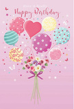 This birthday design captures the mood of a light-hearted celebration, as if a floral balloon bouquet were gently lifting off from a cosy Penge terrace garden. The backdrop is a tender pink, soft and even, setting off a flight of pastel balloons that seem to rise from the base in an airy dance. Each balloon has its own character: some glow in shades of gentle rose and coral with swirling stripes, others shimmer in mint and lemon with scattered polka dots, while a central heart-shaped balloon radiates affection in warm, rosy tones. Hovering above them are smaller balloons in lavender and sea green, their glossy surfaces reflecting a soft, imagined light. Anchoring the whole arrangement is a compact bouquet of delicate roses and anemone-like flowers in creamy white, blush pink, and muted mauve, their petals feathery and layered, almost touchable. These blooms gather closely together, much like a hand-tied bunch you might collect from a favourite local florist near Penge West station. The stems are drawn together with a violet satin bow that gleams slightly, echoing the glint on the balloons above. Scattered stars and tiny butterflies drift around the design, hinting at a fairy-tale birthday wish ready to be delivered. The overall feeling is as fresh and gentle as a spring morning walk through Penge's streets: light, joyful, and brimming with quiet excitement, perfect for marking a birthday in a way that feels personal, uplifting, and full of warmth.